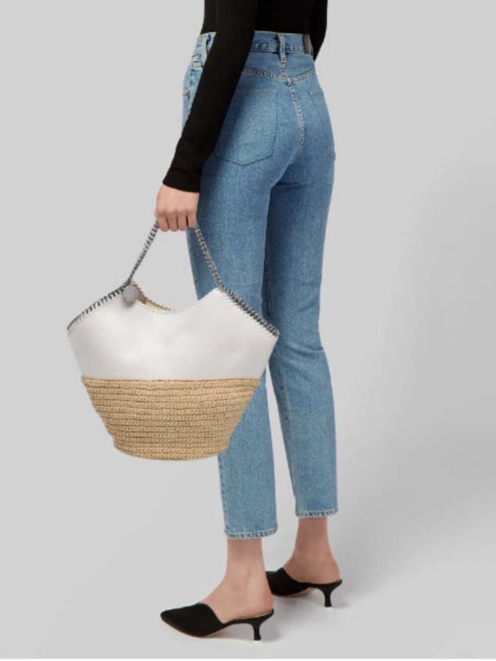 Stella McCartney White Natural Falabella Med Raffia Vegan Shoulder Tote Handbag